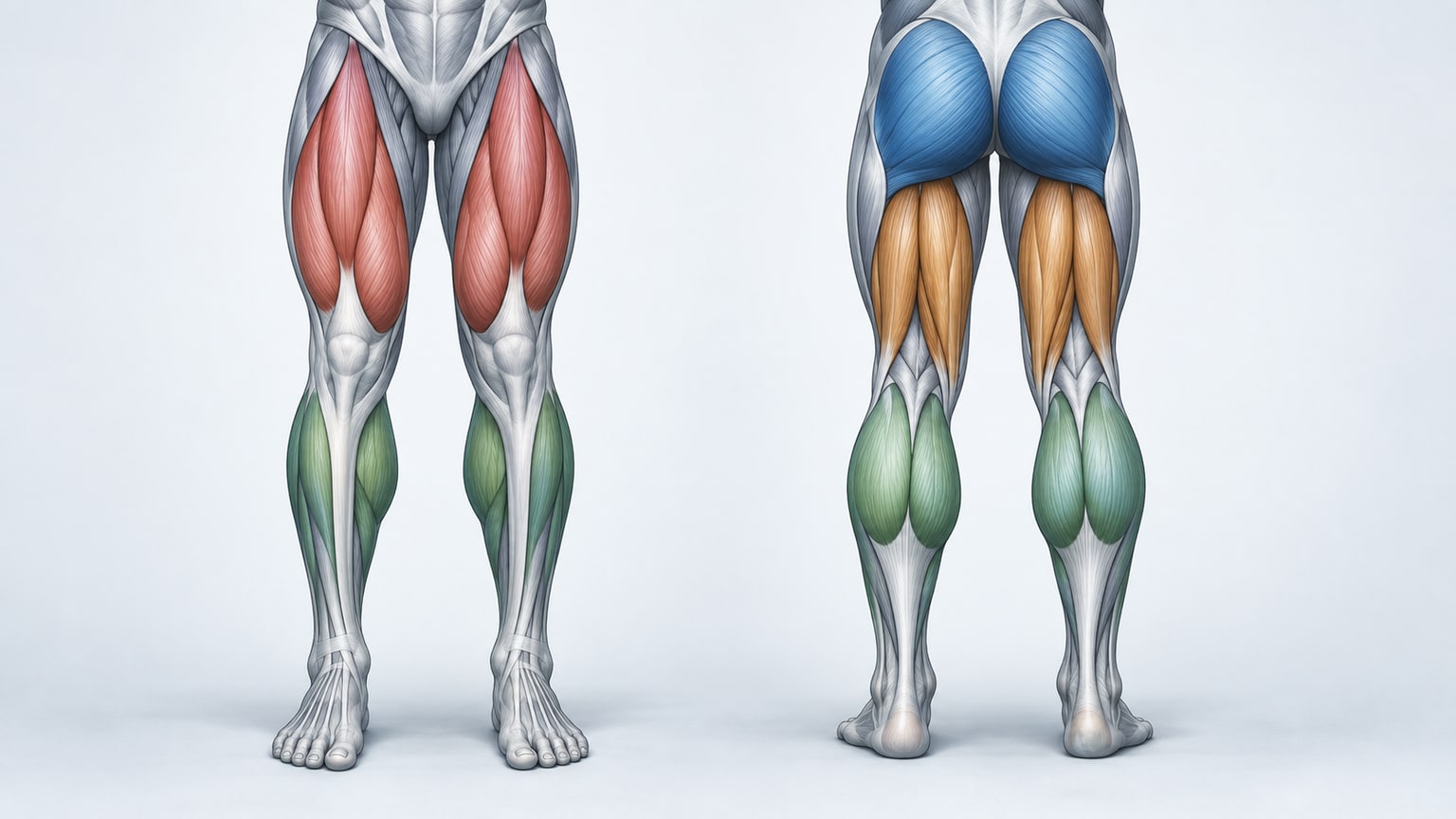 Front and back anatomical views of the legs, highlighting thigh, glute and calf muscles
