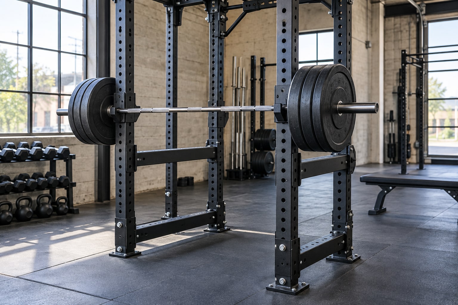 Barre chargée posée sur les crochets d’une cage à squat noire avec barres de sécurité, avec des râteliers d’haltères et de kettlebells au fond d’une salle lumineuse