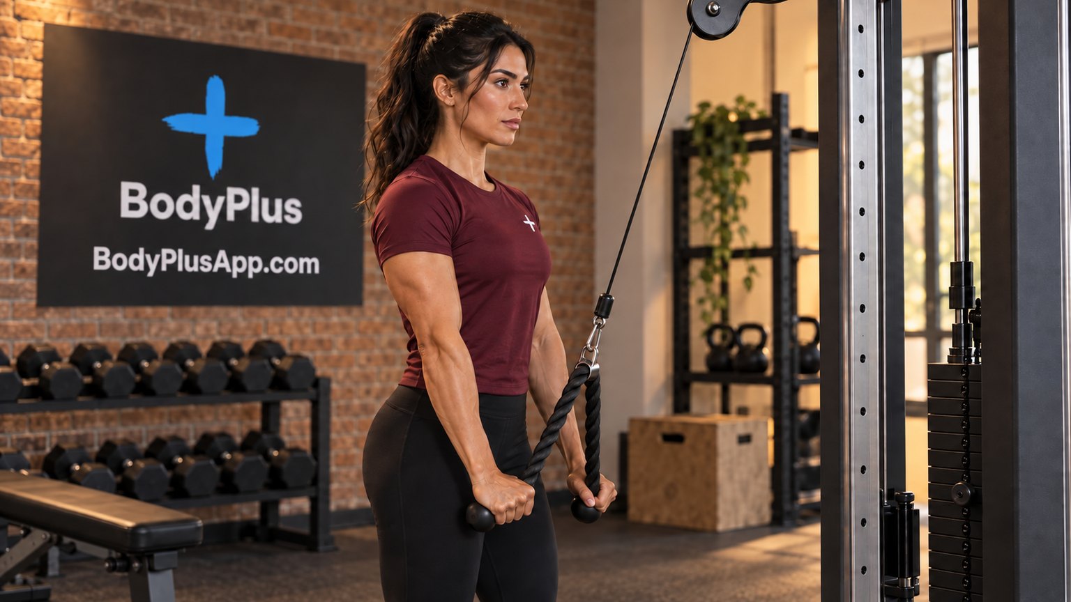 Woman standing at a cable machine with a rope pulled down beside her hips