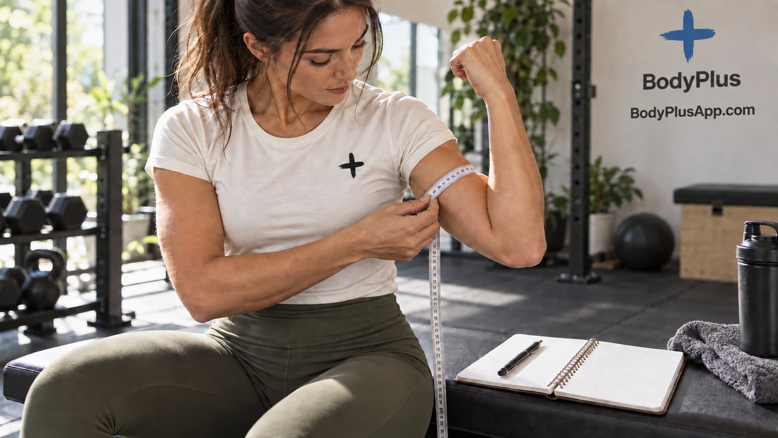 A woman sitting in a gym and measuring her flexed upper arm with a tape measure, with a notebook and pen beside her