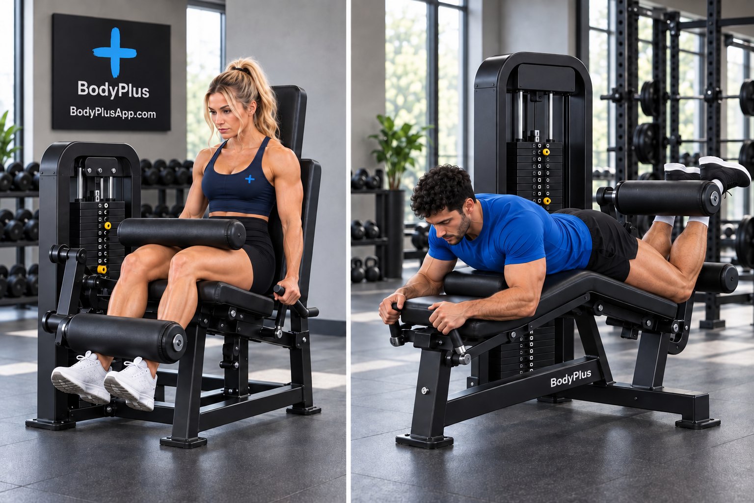 Side-by-side views of a seated leg-extension machine and a lying leg-curl machine