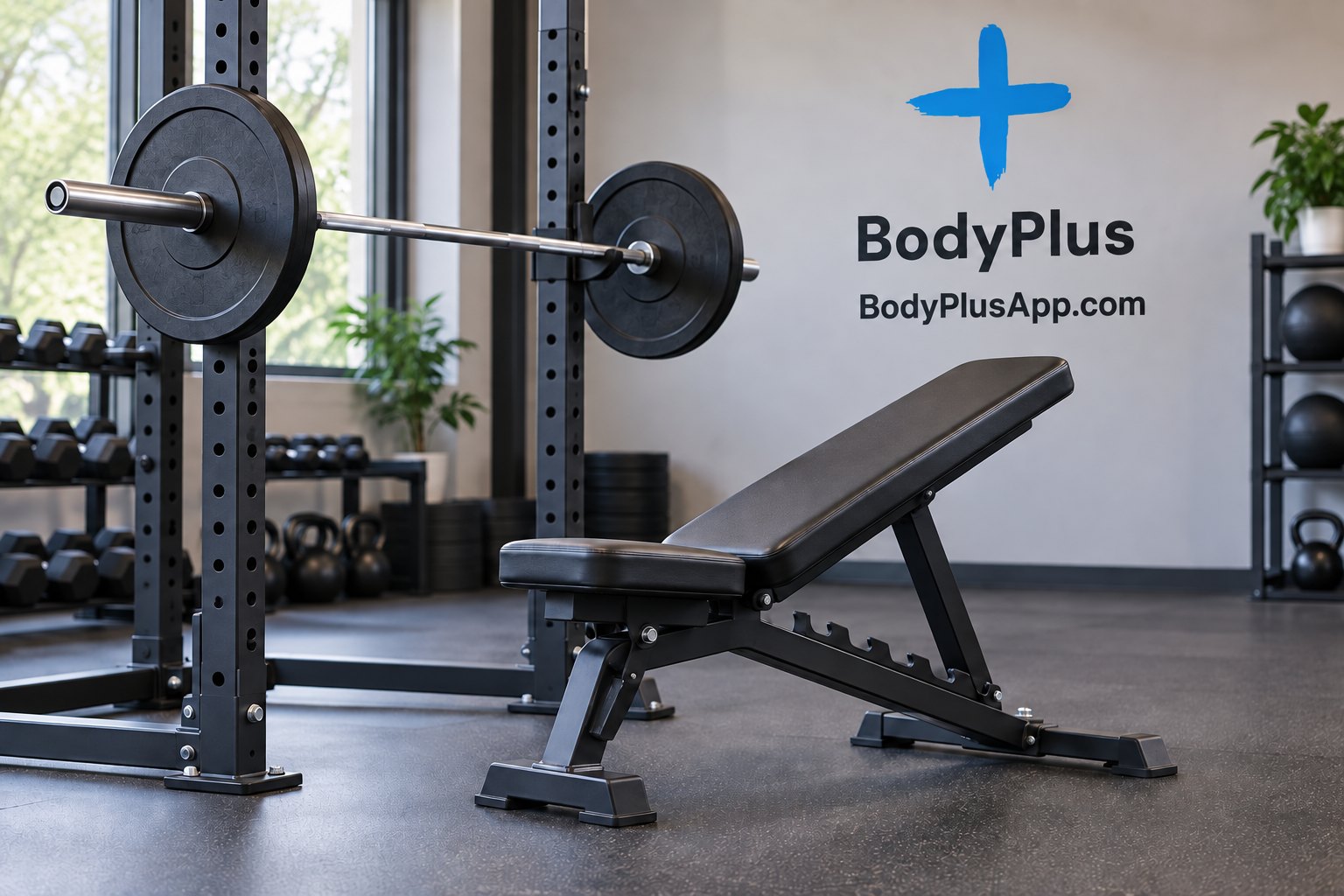 Empty adjustable incline bench in front of a power rack with a loaded barbell racked, in a gym with dumbbells and kettlebells on shelves