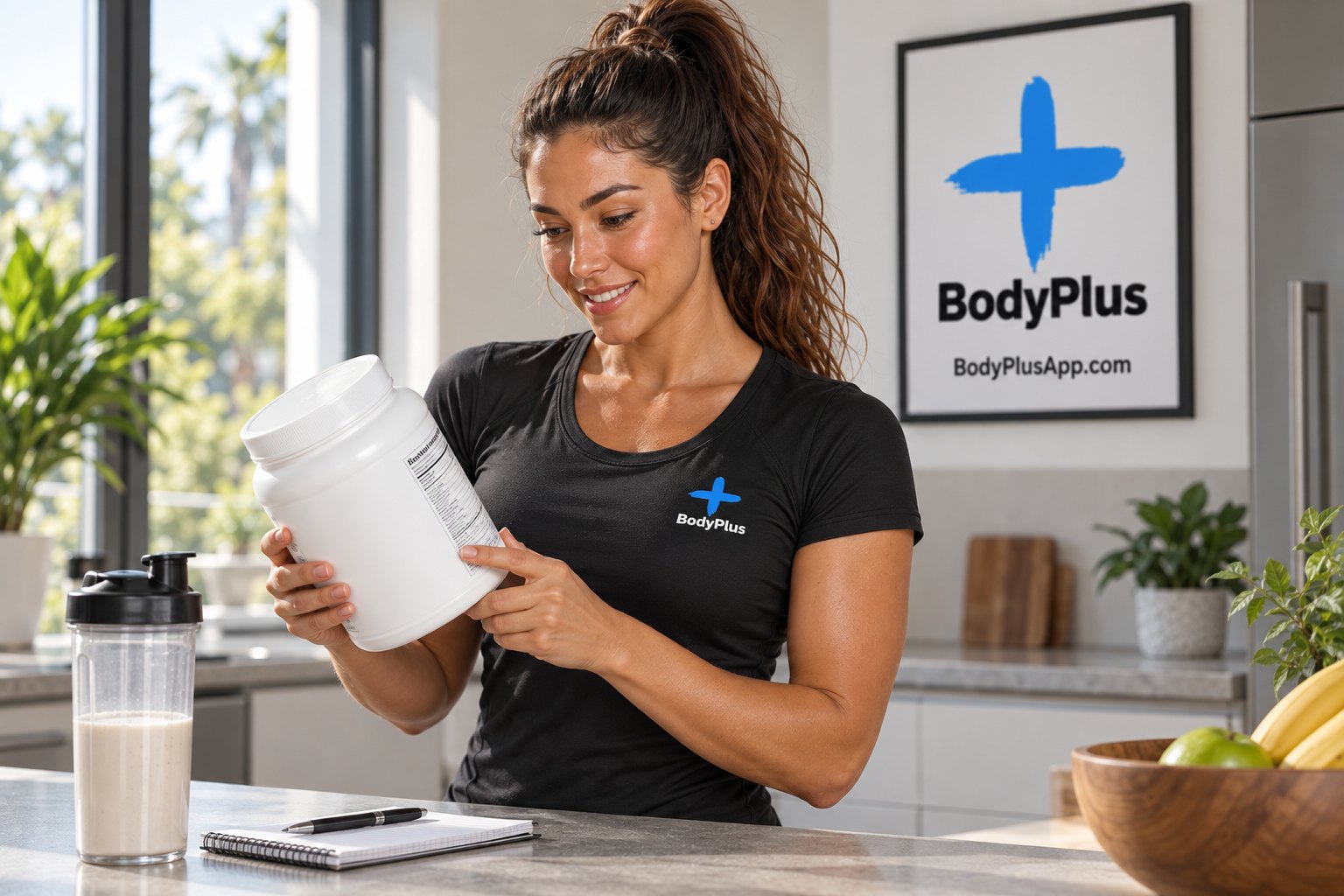 Woman reading the label on a protein powder tub in a kitchen, with a shaker and a notebook on the counter