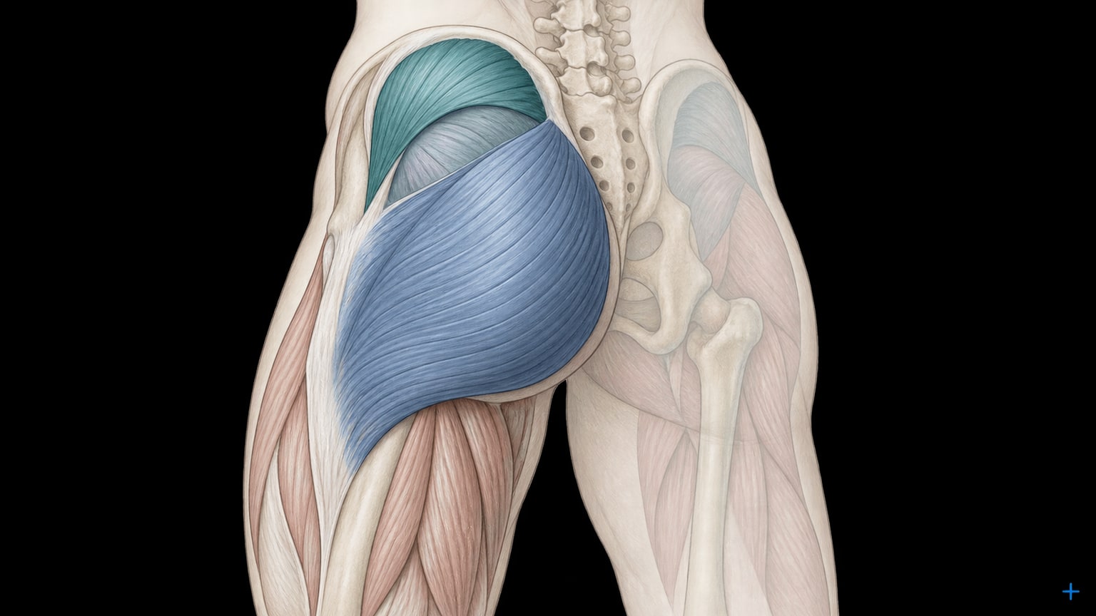 Anatomical illustration of the pelvis and upper thighs with the gluteal muscles highlighted on one side