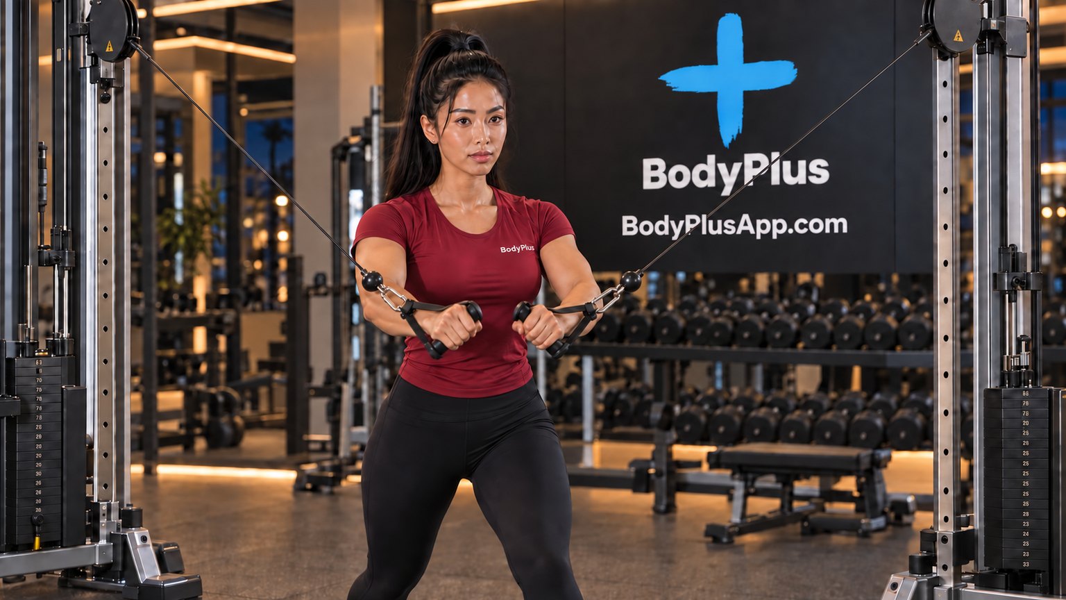 Woman bringing cable handles together in front of her chest at a gym cable station