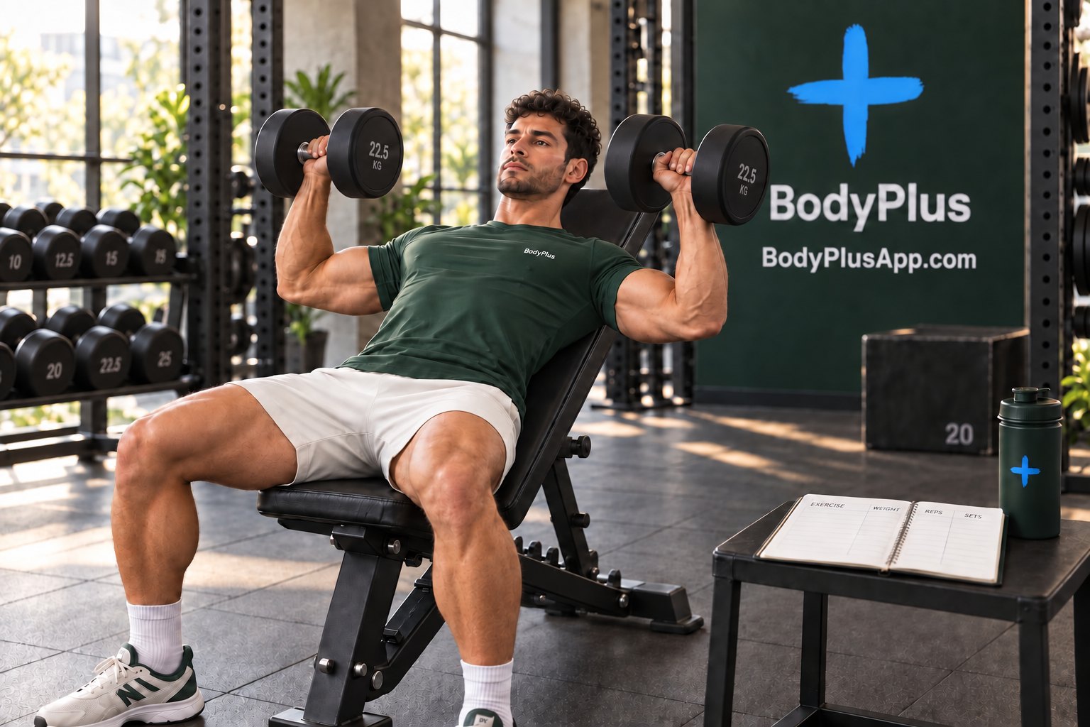 Man holding dumbbells beside his shoulders on an incline bench, with a workout log nearby