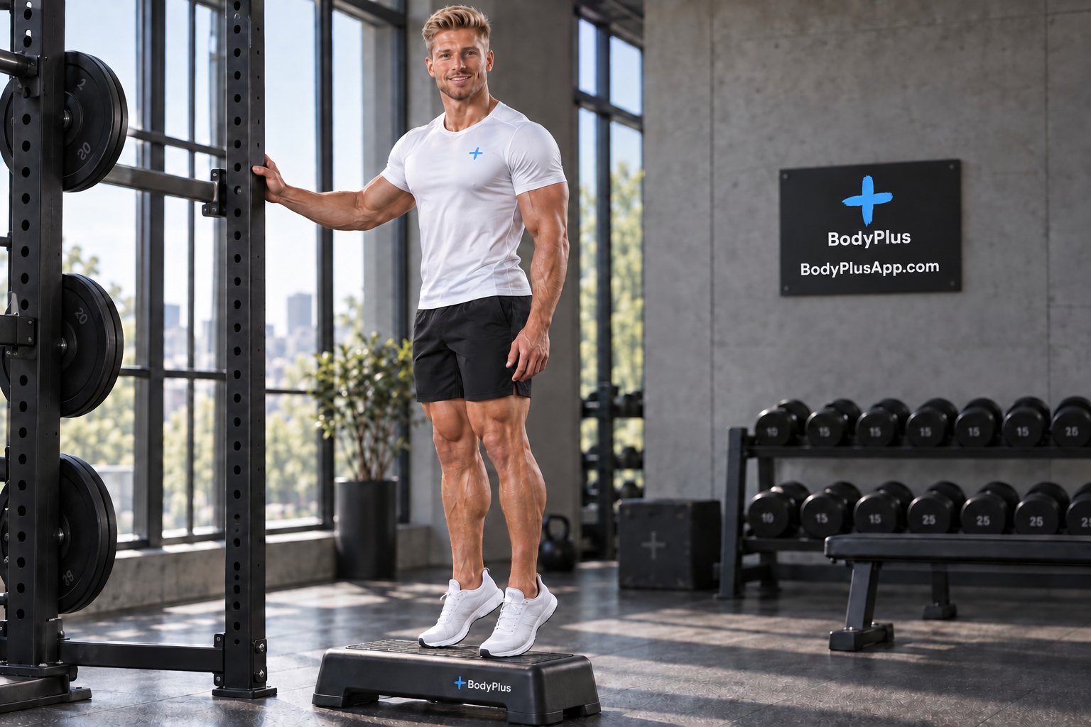 Man standing on a step with his heels raised beside a gym squat rack