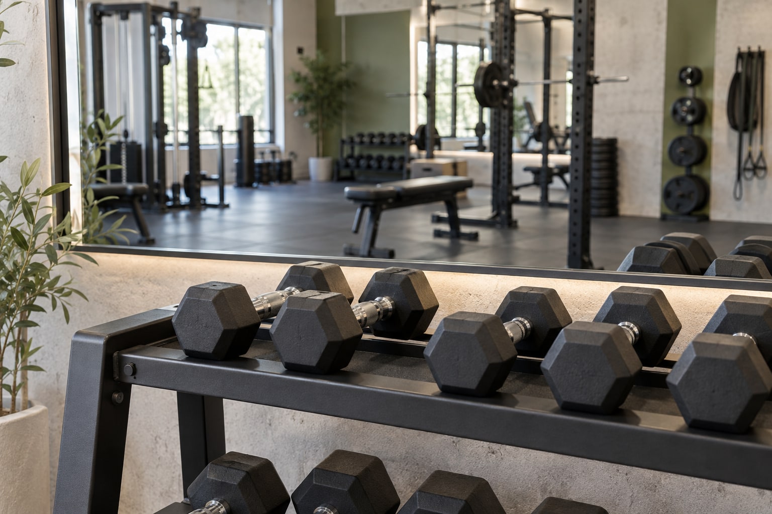 Ständer mit schwarzen sechseckigen Kurzhanteln in einem Fitnessstudio, dahinter ein Spiegel, eine Bank und ein Kniebeugenständer