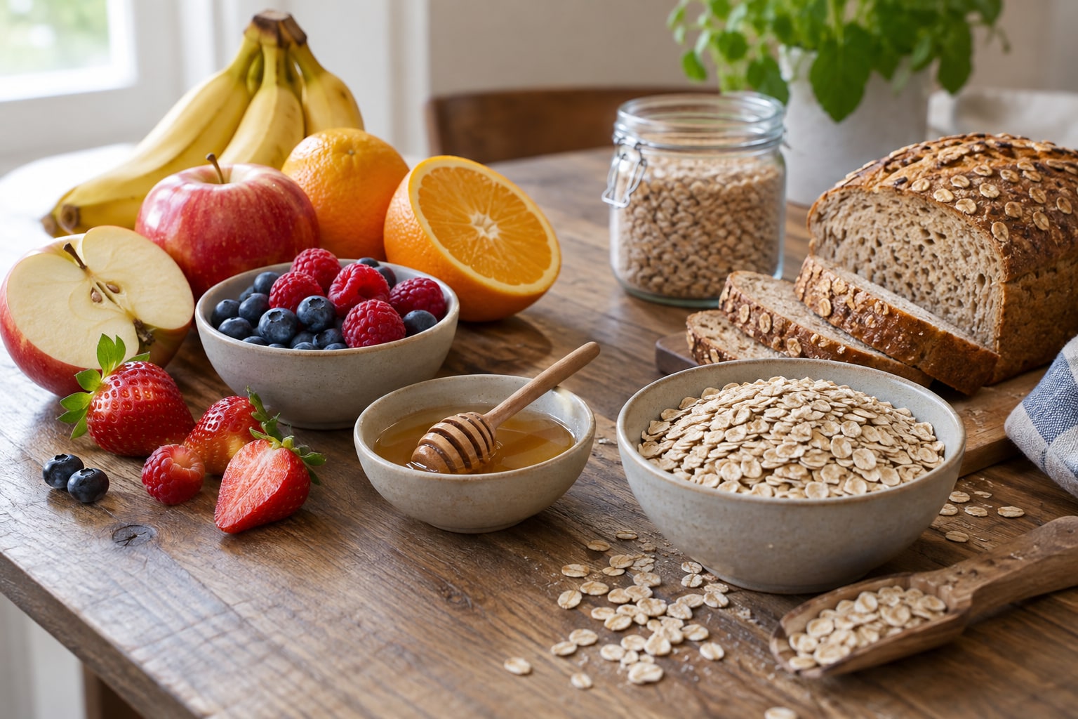 Fruit, honey, oats and whole-grain bread on a wooden table