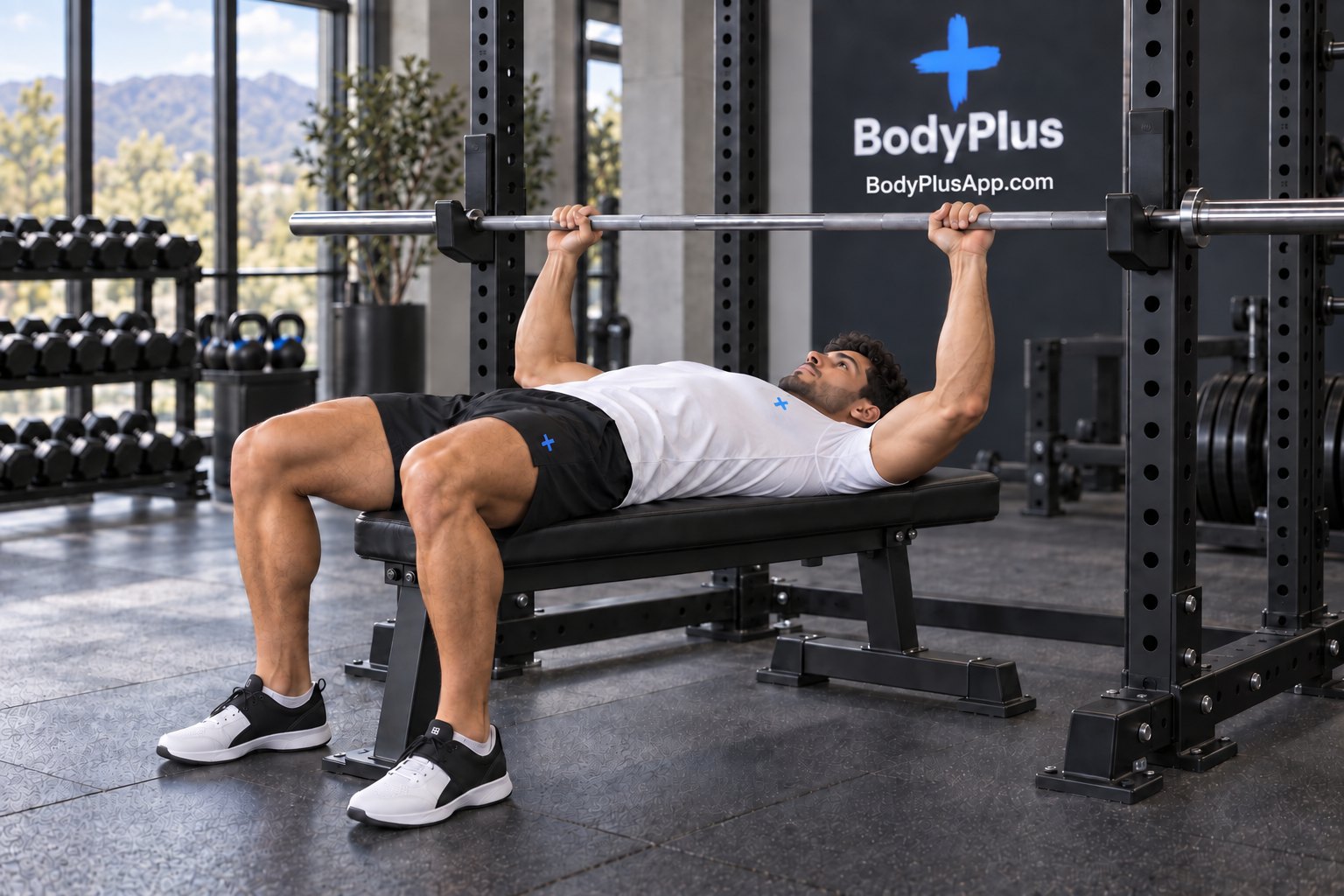Man lying on a flat bench under a barbell in a power rack, hands on the bar and feet flat on the floor