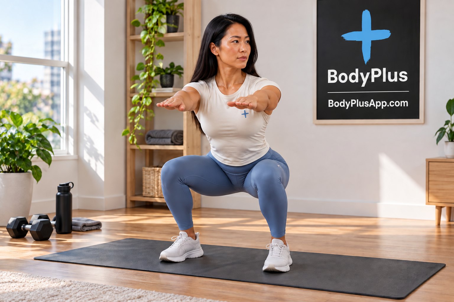 Woman doing a bodyweight squat on a mat at home