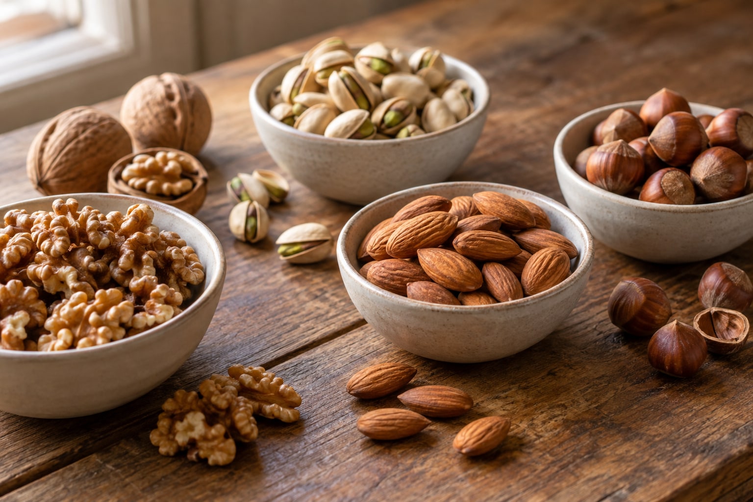 Bols de noix, d'amandes, de pistaches et de noisettes sur une table en bois