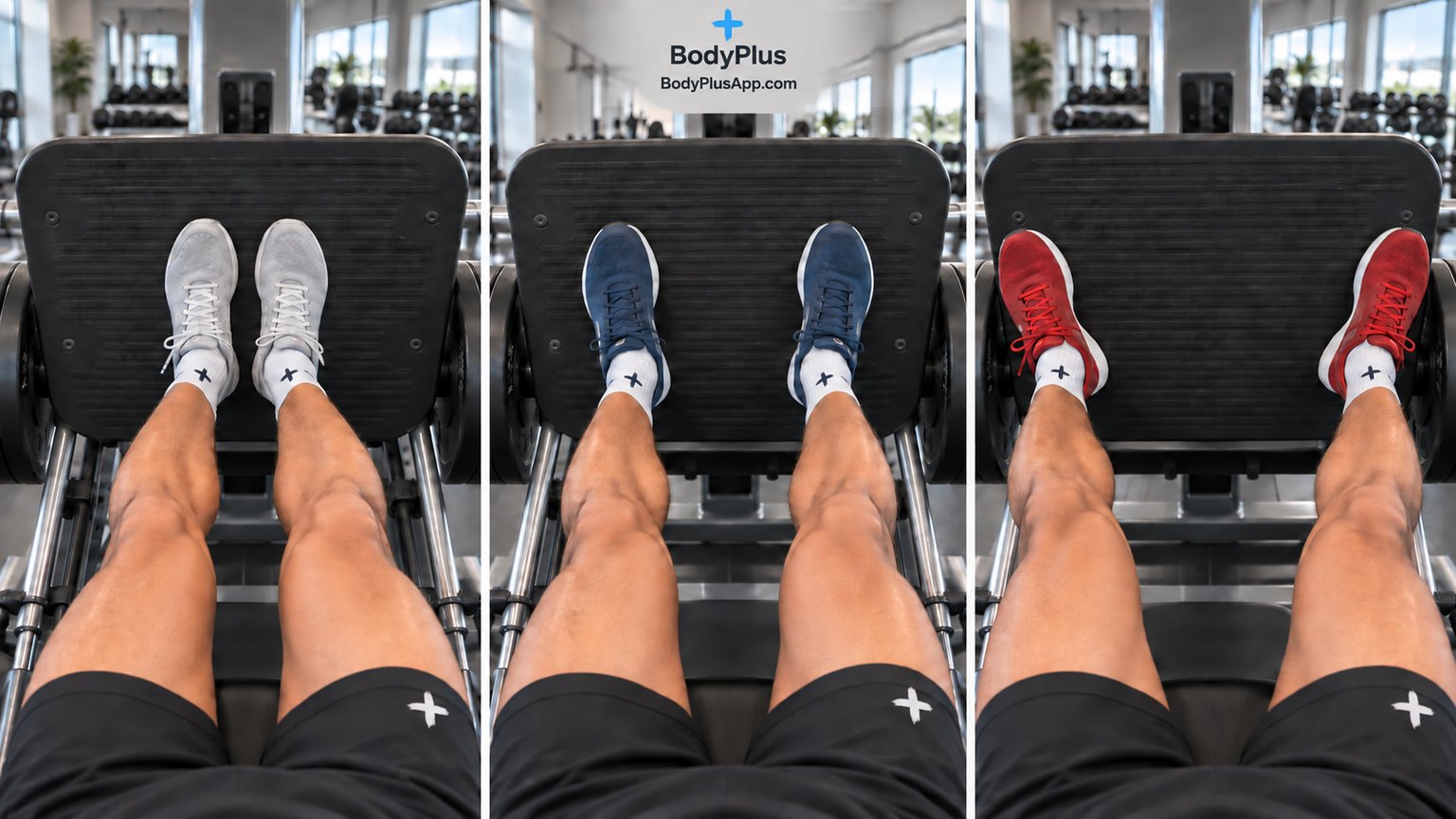 Three views of feet on a leg press platform: close together, shoulder-width apart, and wide apart