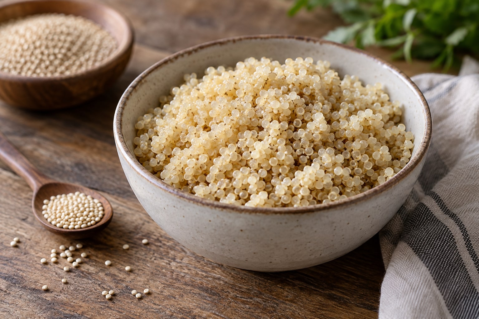 A bowl of cooked quinoa beside dry quinoa in a wooden spoon and a small bowl