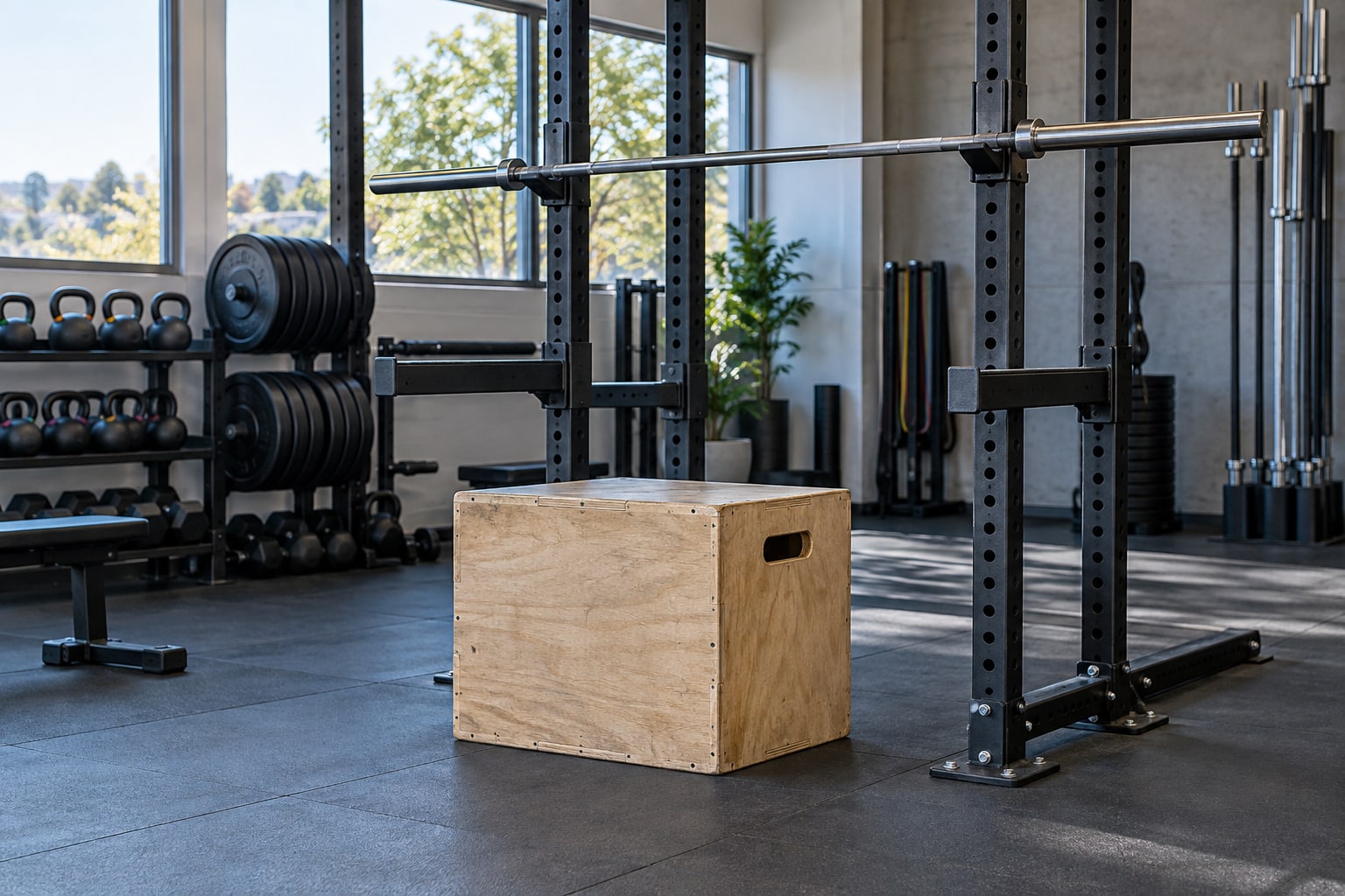 Sturdy wooden box placed between the uprights of a squat rack under an empty barbell, set up as a depth target for box squats