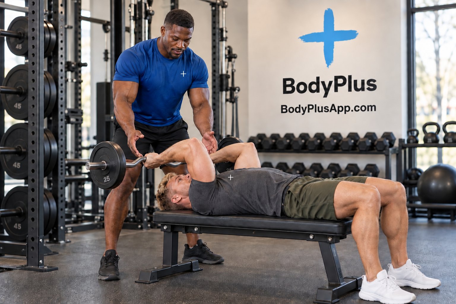 Homme allongé sur un banc plat qui fait une barre au front avec une barre EZ, pendant qu'un coach le suit debout derrière lui dans une salle de sport