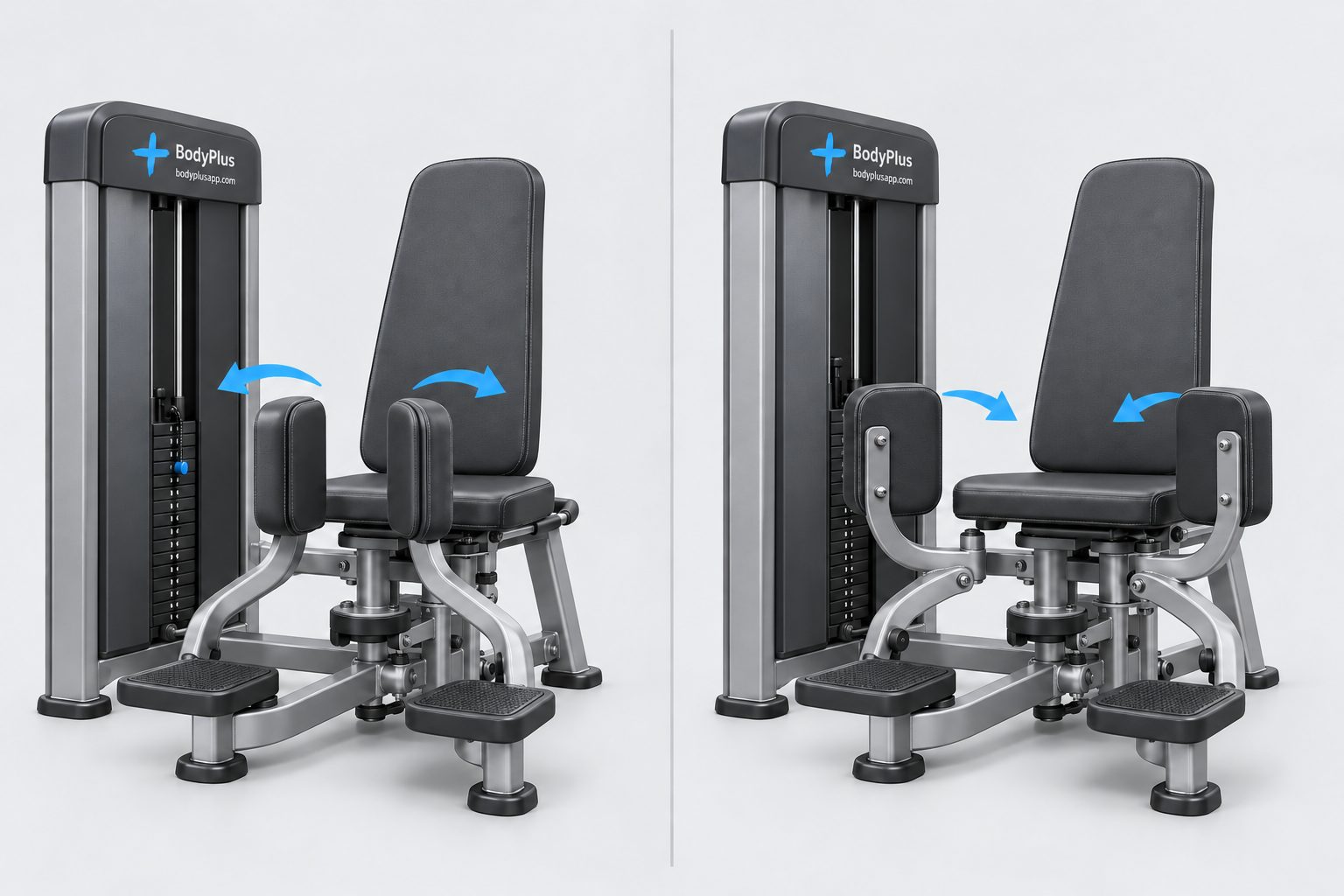 Illustration de machines de hanche assises : flèches bleues vers l’extérieur à gauche et vers l’intérieur à droite