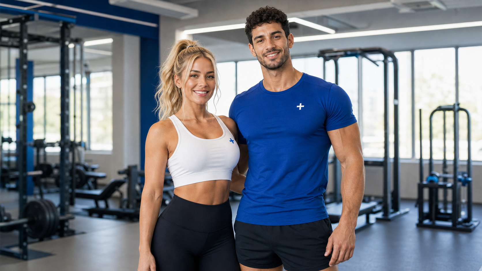 Maya and Noam smiling together in a gym